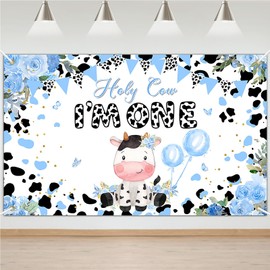 Avezano Holy Cow I'm One Birthday Backdrop for Boys Blue Flower Farm 1st Birthday Party Decorations Holy Cow I'm One Banner for Boy's First Bday 70.8 x 43.3 Inch