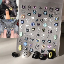 5D Embossed Cat Nail Art Stickers Nail Art Stickers, Evil Eye Nail Decals Self-Adhesive Nail Decals, Durable 3D Sparkling Diamond Nail Designs for Manicure, Bling Glitter Cat Eye Sticker
