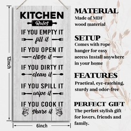 Kitchen Wood Decor Sign, Kitchen Rules, Hanging Printed Wooden Plaque Décor, Farmhouse Style Wall Décor, Hanging Rustic Kitchen Sign, Shared Kitchen Rules Sign for Hostel Dormitory 12x 6inch (J3)