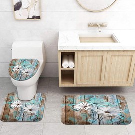 JAWO 4 Piece Teal Daisy Flower on Rustic Wooden Plank Country Style Shower Curtain Sets with Non-Slip Rugs, Toilet Lid Cover and Bath Mat, Shower Curtain with 12 Hooks