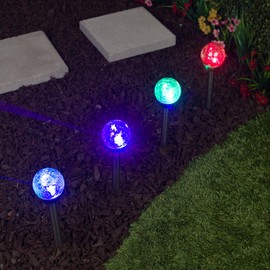 Alpine Corporation 15" H Outdoor Solar Glass Ball Pathway Lights with Color Changing LEDs, Silver - Set of 4