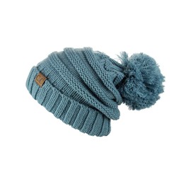C.C Pom Pom Oversized Baggy Slouchy Thick Winter Beanie Hat - Denim