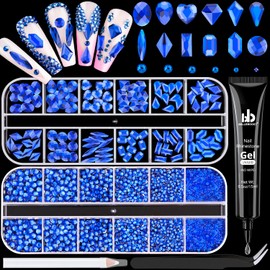 2680Pcs Royal Blue Glass Nail Rhinestones 120Pcs Multi Shapes Flatback Nail Gems + 2560Pcs 1.5-4mm Round Crystal with Rhinestones Glue Gel, Manicure Nail Charms Diamond Gemstones for Nail Art
