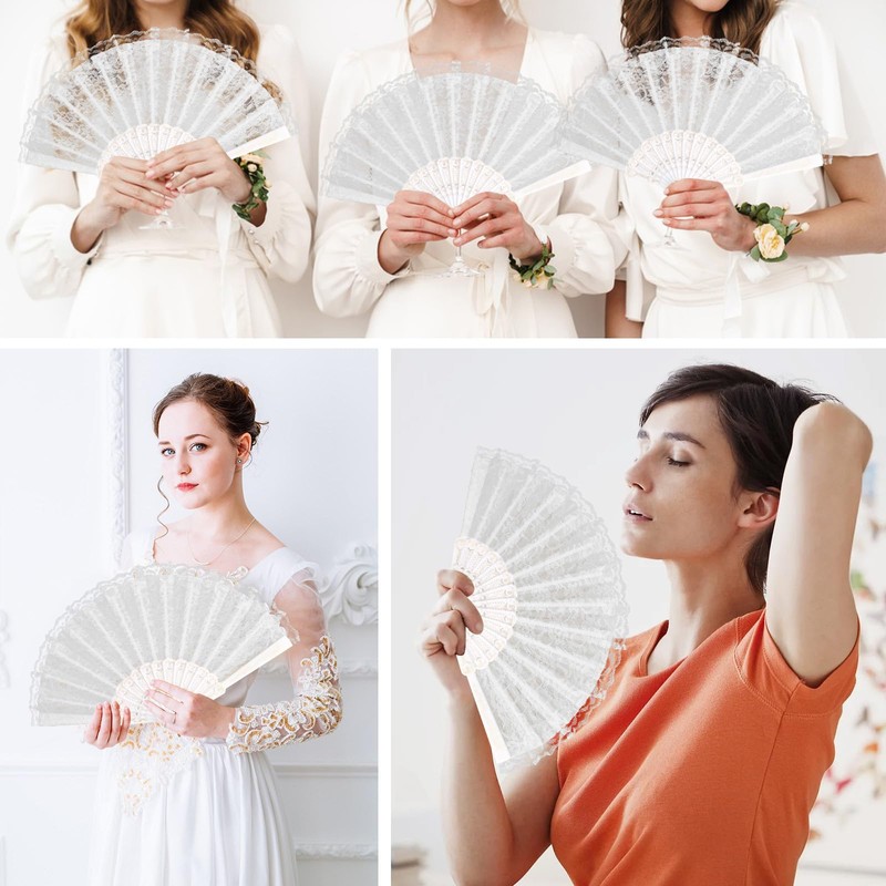 Elovara 10 Pcs White Lace Embroidery Folding Hand Fans for