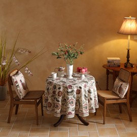 ISAENNE French Tablecloth for Round Tables,Linen Table Cloth with Red Flowers Pattern,Heavy Durable Table Cover for Dining Thanksgiving Kitchen Decor Party Christmas,Diameter 55"