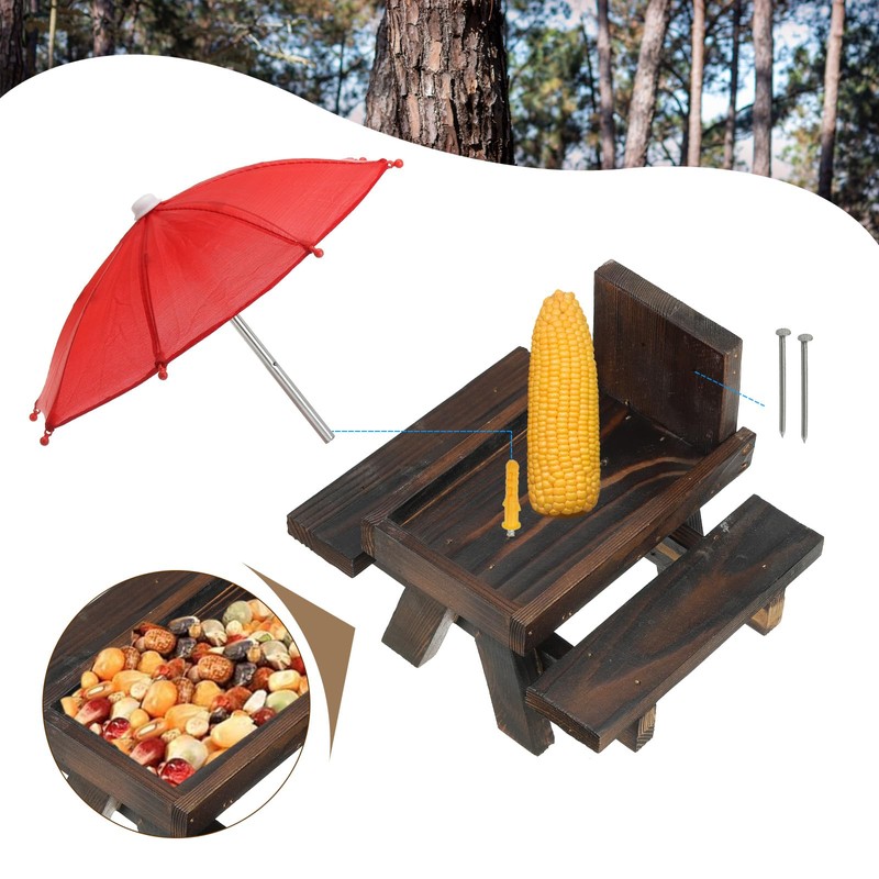 PATIKIL Squirrel Feeder Picnic Table with Red Umbrella 7x8x11inch, Wooden