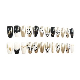 Nailyjoy Handcraft Reusable/Removable Press on Nails Vintage Cream, Hampagne Metallic Spotted Elegant Classy Medium Coffin Fake Nails with Pearl and Glitter in 24 pcs Full Size