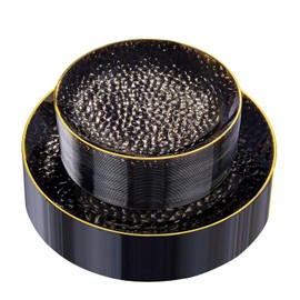 Rubtlamp 60Pcs Black Plastic Plates, Black Disposable Plates With Gold Rim, Clear Heavy-duty Party Plates, Hammered Plastic plates Include 30 Dessert Platos, 30 Dinner Platos for Party