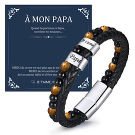 VNOX Armband Herren Lederarmband Schwarz : Geschenk für Papa Bester Papa Armbander Leder 2 Beads Tigerauge Perlenarmbänder