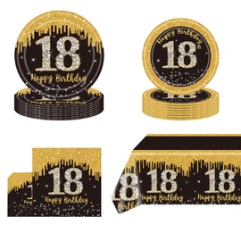 POPOYU 53Pcs Black Gold 18th Birthday Party Tableware Set,Black Gold Table Cloth,Cups,18th Birthday Plates and Napkins Sets,18thBirthday Decorations for Men Women Birthday Gifts Party Supplies