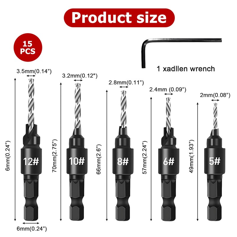 PZJFH 15-Piece Countersink Drill Set, Replacement Drill Bit and 1/4