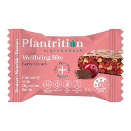 Plantrition Wellbeing Bite - Berry Crunch 30g box of 12 bites, high protein, high fibre, gluten free, gut health, vegan friendly, dairy free