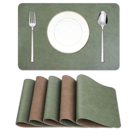 EDanle Cowhide Pattern Faux Leather Placemats Set of 6,Heat Resistant Non-Slip Waterproof Wipeable Washable Kitchen Dining PU Table Place Mats,Double-Sides Available,Green Brown
