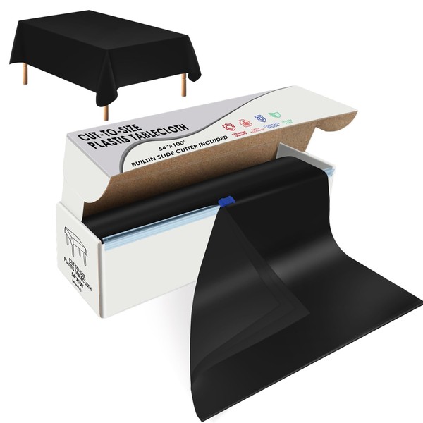 Black Disposable Plastic Table Cloth Roll 54" X 100', Plastic