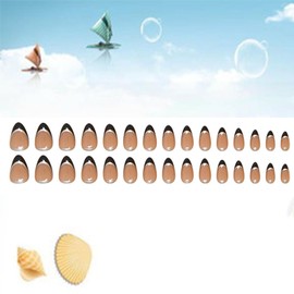 TBRZTR Press on Nails Short Almond False Nail with Gold Lines Design Black French Stick on Nail Artificial Acrylic Fingernails Full Cover Glossy Coffin Reusable Glue on Nails for Women 24Pcs