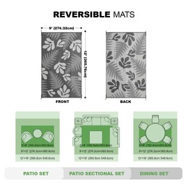 wikiwiki Outdoor Rug, 9x12ft Waterproof Reversible Mat Indoor Outdoor Rugs Carpet, Small Area Rug Plastic Straw Rug for Patio Deck Balcony Pool RV Camping Beach Picnic, Grey Leaves, Rugscape Series