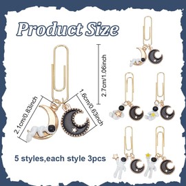 PLIGREAT 15 Pcs Alloy Paperclips with Astronaut and Moon Pendant Creative Decorative Paper Clips Bookmarks Mixed Paper Clamps for Document Organizing Scrapbooks Notebooks Office School Supplies