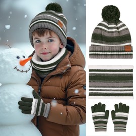 Kids Winter Hat Gloves Scarf Set: Beanie Gloves Neck Warmer Knit Set with Thick Warm Fleece Lined For Ages 6-10 Girls Boys Children Green