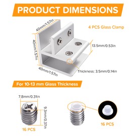 Lyeteung 4 pieces 13.5 mm glass clamp, aluminium alloy glass holder, adjustable glass clamp, glass connector, glass mounting clip, glass support brackets, for 10-13 mm thick glass, 90 degrees