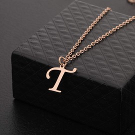 CHOROY Script Rose Gold Initial Necklace 26 Alphabet Letter Pendant Necklace Name Necklace for Women Bridesmaid Jewelry Gift (Rose Gold-T)
