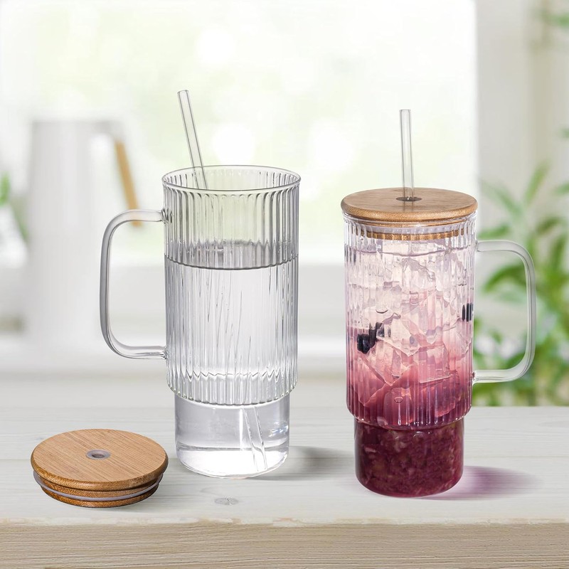 32oz Ribbed Glass Cup with Handle Bamboo Lid and Straw,