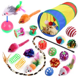 20 Pcs Cat Toys for Indoor Kitten, Collapsible Tunnel, Interactive Feather Wand Ball Spring Mice Toy for Puppy Kitty