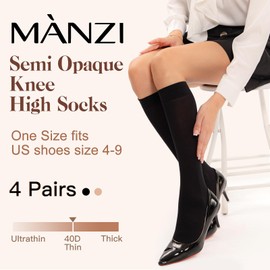MANZI Women's Knee High Socks Ladies Nylon Long Socks 4 Pairs Semi Opaque Trouser Socks 40 Denier Knee Stockings(Black+Natural Nude)