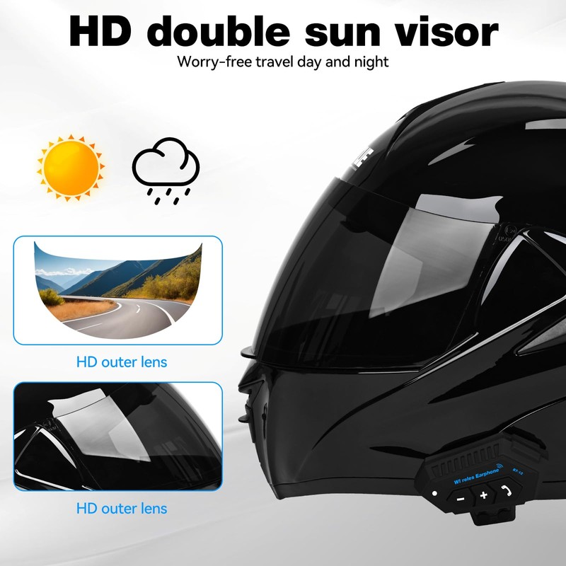 Motorcycle Bluetooth Modular Helmet, DOT Approved Dual Visor Full Face