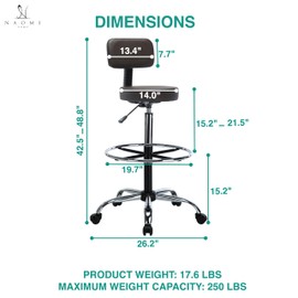 Upgrade Your Workspace with Venus Adjustable Drafting Stool - Premium Leather, Rolling Wheels, Adjustable Height, Backrest, Office Stool, Tall Office Chair for Efficient Workstations - Espresso