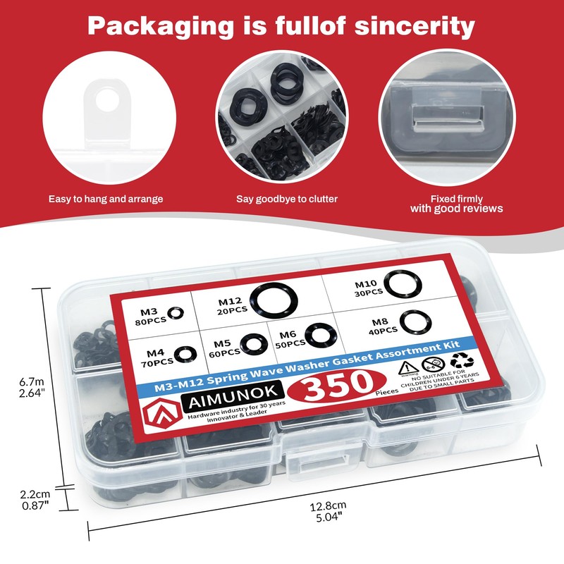 350pcs Spring Wave Washer Gasket Assortment Kit, M3 M4 M5