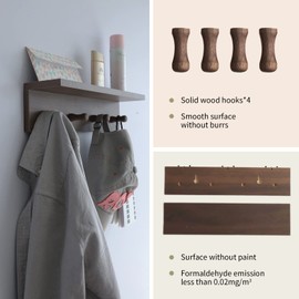 XAOHOME Entryway Coat Rack Hooks with Shelf, Sturdy Wooden Floating Shelf with Hooks, Wall Organizer with 4 Hooks siutable for Entrance, Mudroom, Kitchen, Bathroom, etc(Walnut Finish)