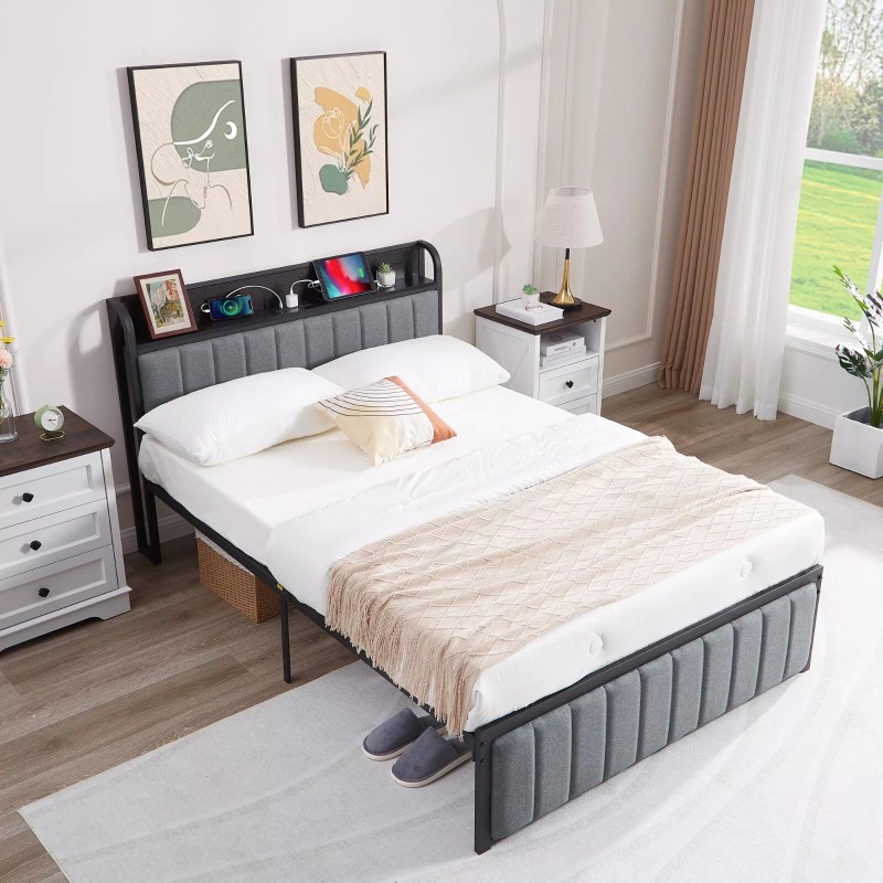 Vecelo Bed Frame with Storage Headboard Power Outlet Full Queen