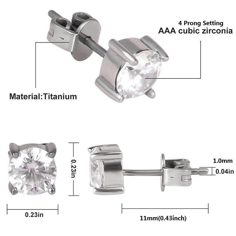 G23 Titanium Stud Earrings for Sensitive Ears (Round CZ)