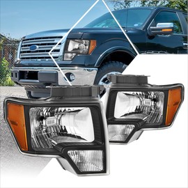 PM PERFORMOTOR Headlights Assembly Compatible with 09-14 Ford F150 Pair of Headlamps with Black Housing Amber Corner