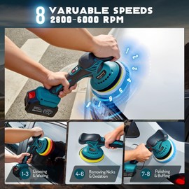 ZhiehiusL Cordless Car Buffer Polisher Kit, 6IN Car Buffers And Polishers with 2 21V 3.0Ah Batteries, 8 Variable Speeds Up to 6000RPM, Auto Buffer Polisher for Car Detailing Polishing Waxing