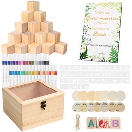 144 Pcs Baby Shower Games Sign Kit, Including 50 DIY Blank Wooden Blocks, 41 Stencils, 36 Acrylic Paint Markers, 15 Advice Cards, 1 Game Sign, 1 Storage Box for Baby Shower Games, Gender Reveal Party