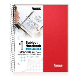 Dunwell Graph Ruled Notebook 4x4 (Red) Plastic Cover, 100 Sheets, 1 Subject Graph Paper Notebook 8.5 x 11, 1/4 In Grid Graphing Notebook, Graph Paper Spiral Notebook, Durable Poly Divider with Pockets