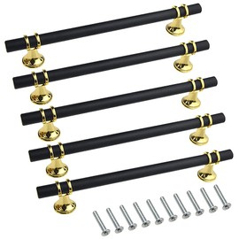 WMYCONGCONG 5 PCS Kitchen Cabinet Pull 6-1/4" Hole Centers Matte Black Solid Gold Base Drawer Handles Euro T Bar Pull Hardware for Cupboard Door Dresser Drawers