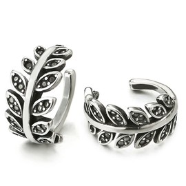 2pcs Leaf Ear Cuff with Black Cubic Zirconia Ear Clip Non-Piercing Stainless Steel Clip On Earrings