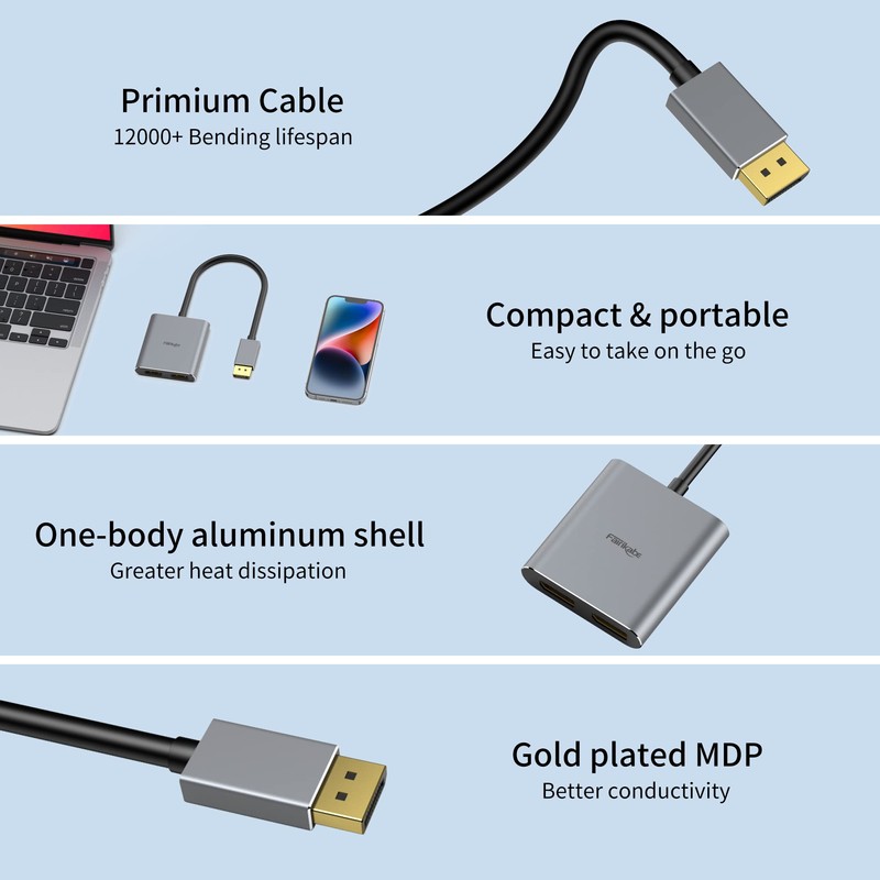 DisplayPort to Dual DisplayPort Splitter Adapter 4K60Hz for Dual Monitor,