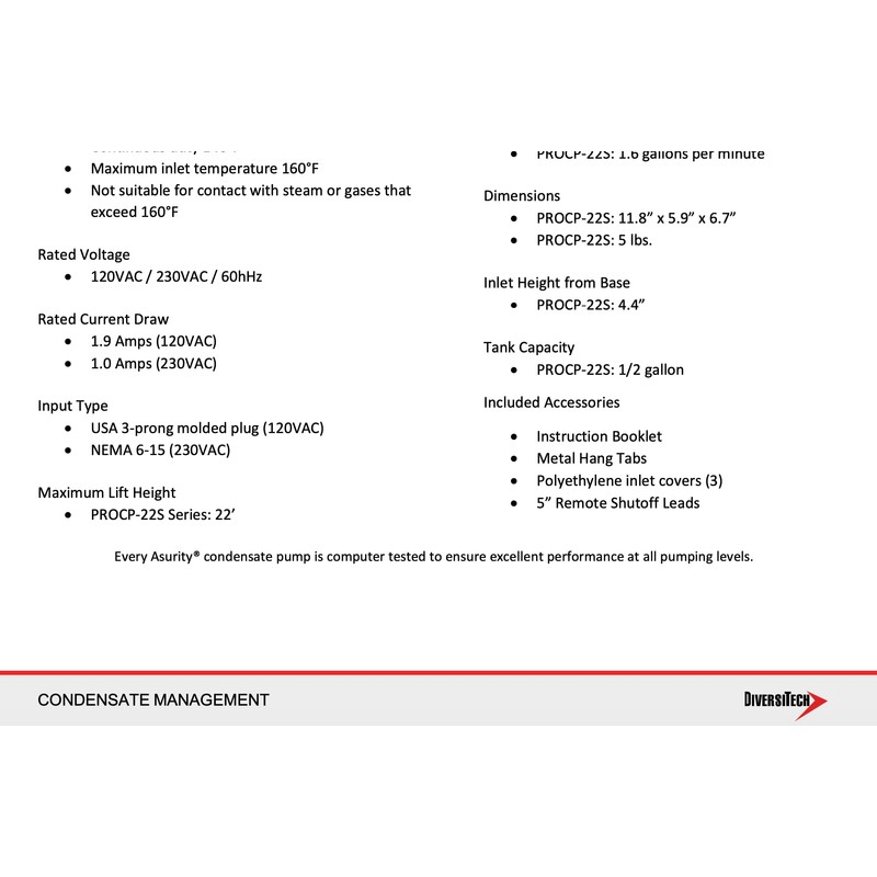 Diversitech PROCP-22ST Con Pump,120v,22Ft Lift,w/Tube