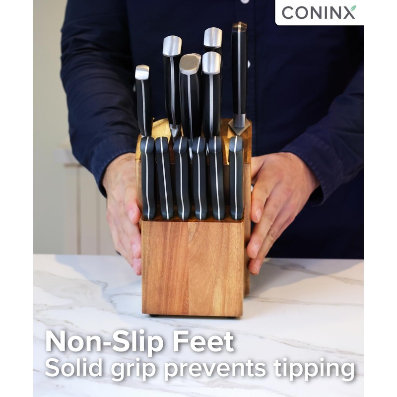 Coninx Universal Knife Block with Built-In Sharpener – 15-Slot Acacia