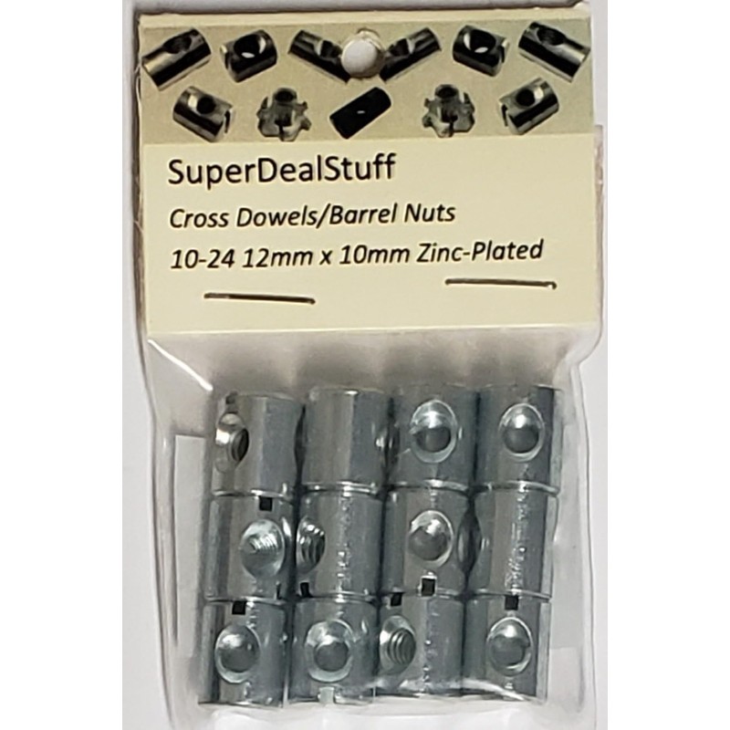 (12) Cross Dowels/Barrel Nuts - 10-24 12mm X 10mm Zinc-Plated