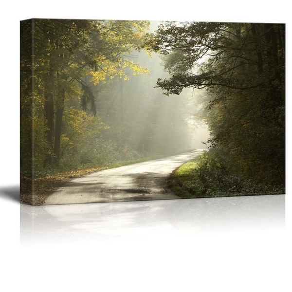 Beautiful Scenery Landscape Country Road Running Through The Deciduous Forest on a Foggy Morning - Canvas Art Wall Art - 12" x 18"