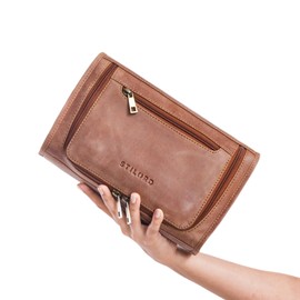 STILORD 'Juri' Toiletry Bag Leather Large for Women and Men Unisex Dopp Kit for Travel Overnight Wash Bag Big Grooming Bag Made of Genuine Leather, Colour:Messina - Brown