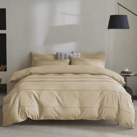 JELLYMONI Queen Size Khaki Duvet Cover Set - 3PCS Microfiber Bedding Set, Stylish Pleated Design, 8 Corner Ties & Zipper Closure, Ultra Soft and Comfortable