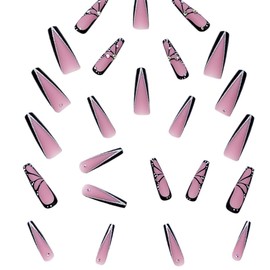 24Pcs Coffin Square Press on Nails Pink Black With Rhinestones Glitter False Nails Extra Long Full Cover Acrylic Artificial Fake Fingernails With Heart And Butterfly Designs For Women and Girl