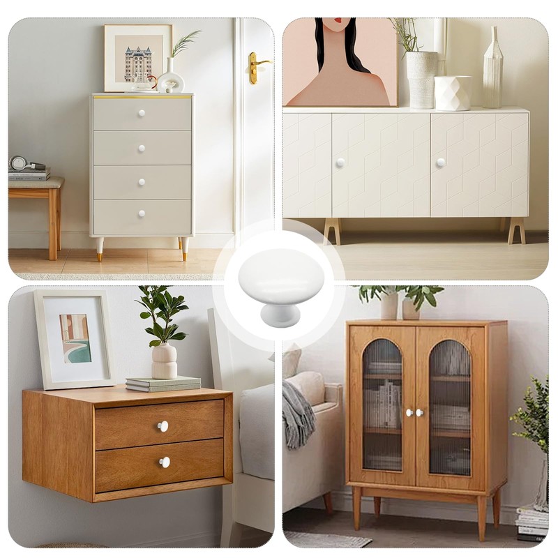 Jiozermi 6 Pcs White Round Antique Brass Kitchen Cabinet Knobs