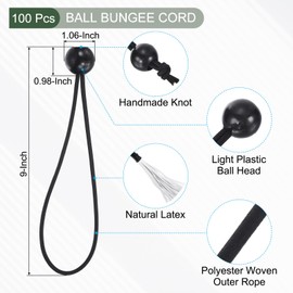 YOKIVE 100 Pack Tarp Ball Bungee Cord, Elastic Tie-Down Strings with Balls | Great for Outdoor Camping, Cargo Shelters, Tent Poles, Tarp Securing Black(9")