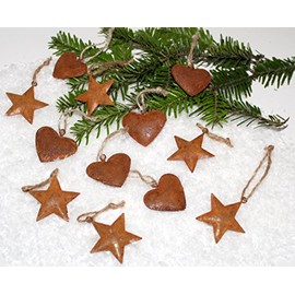 LB H&F Lilienburg Christmas Tree Decorations Christmas Pendants Metal Star & Heart Decoration Rust (P-Rost) Set of 12